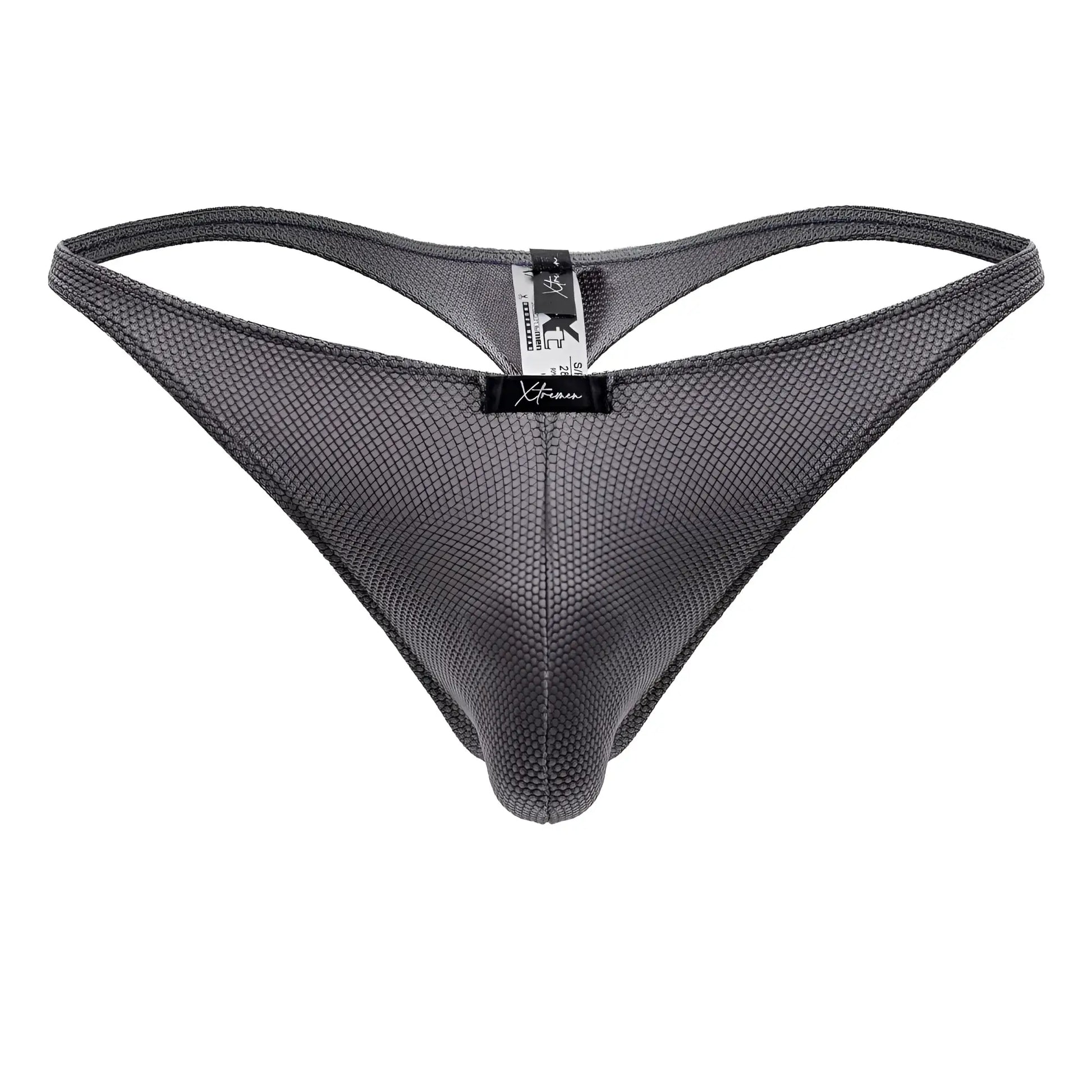 Gray xtremen 91223 microfiber thong with breathable mesh fabric and black brand tag at the center front