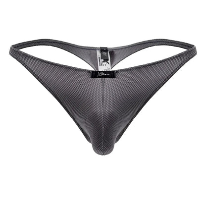 Gray xtremen 91223 microfiber thong with breathable mesh fabric and black brand tag at the center front