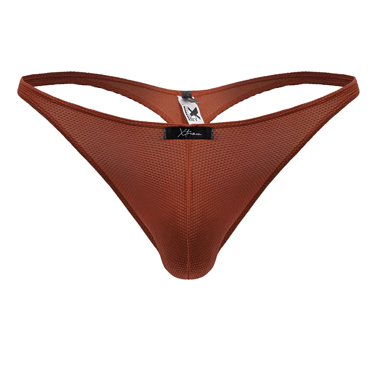 Brown textured mesh microfiber thong with black xtreme brand tag shown from the back in the color red