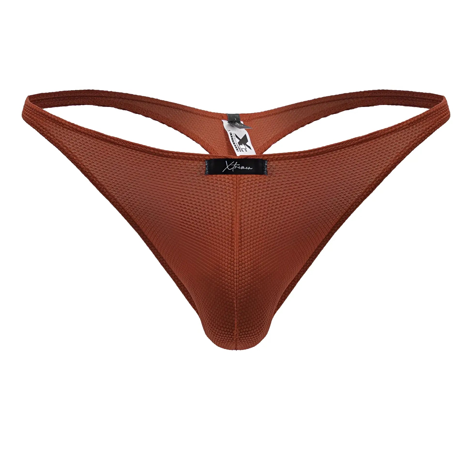Brown textured mesh microfiber thong with black xtreme brand tag shown from the back in the color red