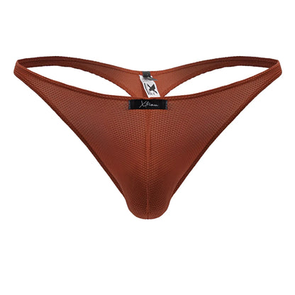 Brown textured mesh microfiber thong with black xtreme brand tag shown from the back in the color red