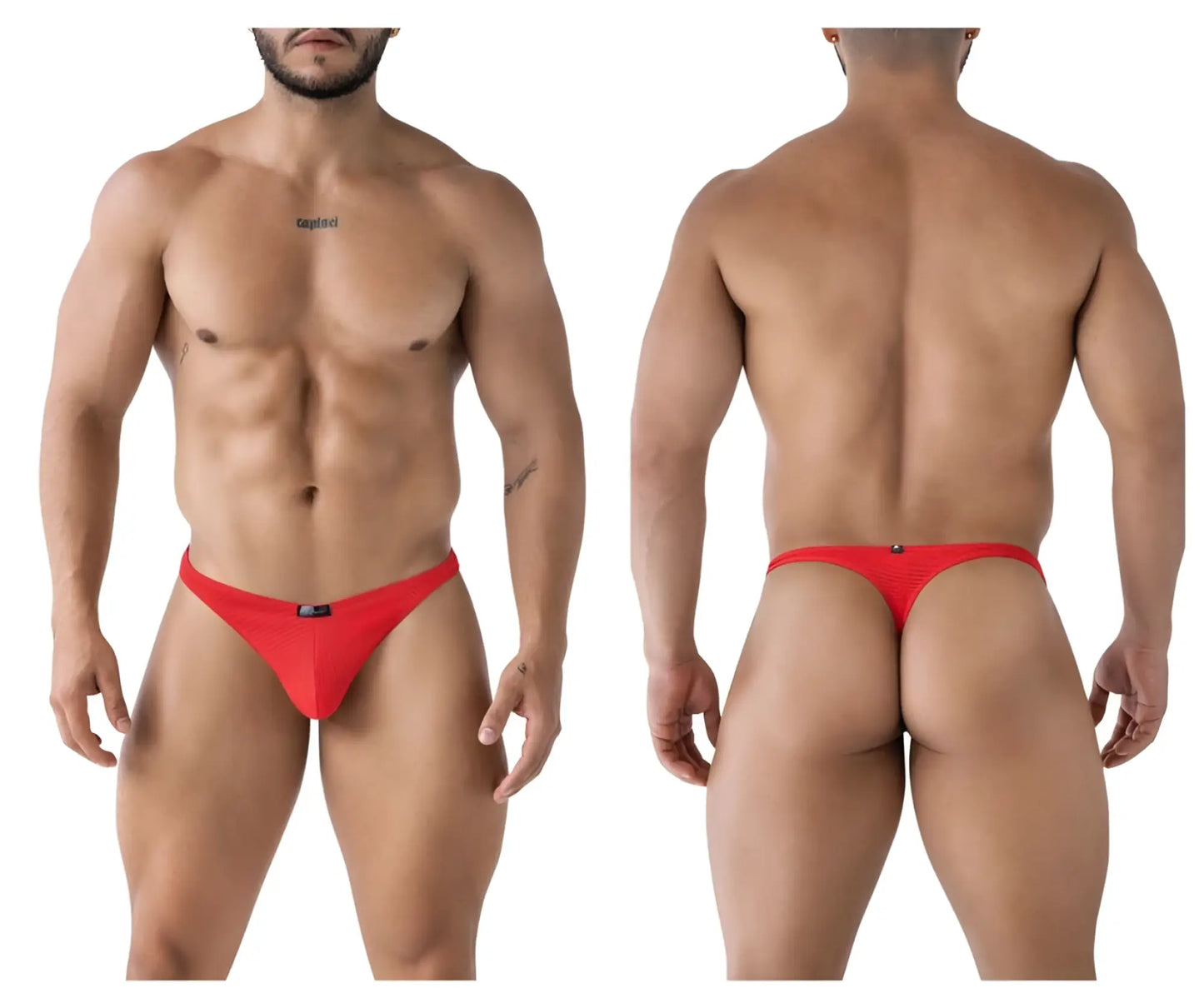 Red xtremen 91223 microfiber thong featuring mesh fabric and a small black logo on the front