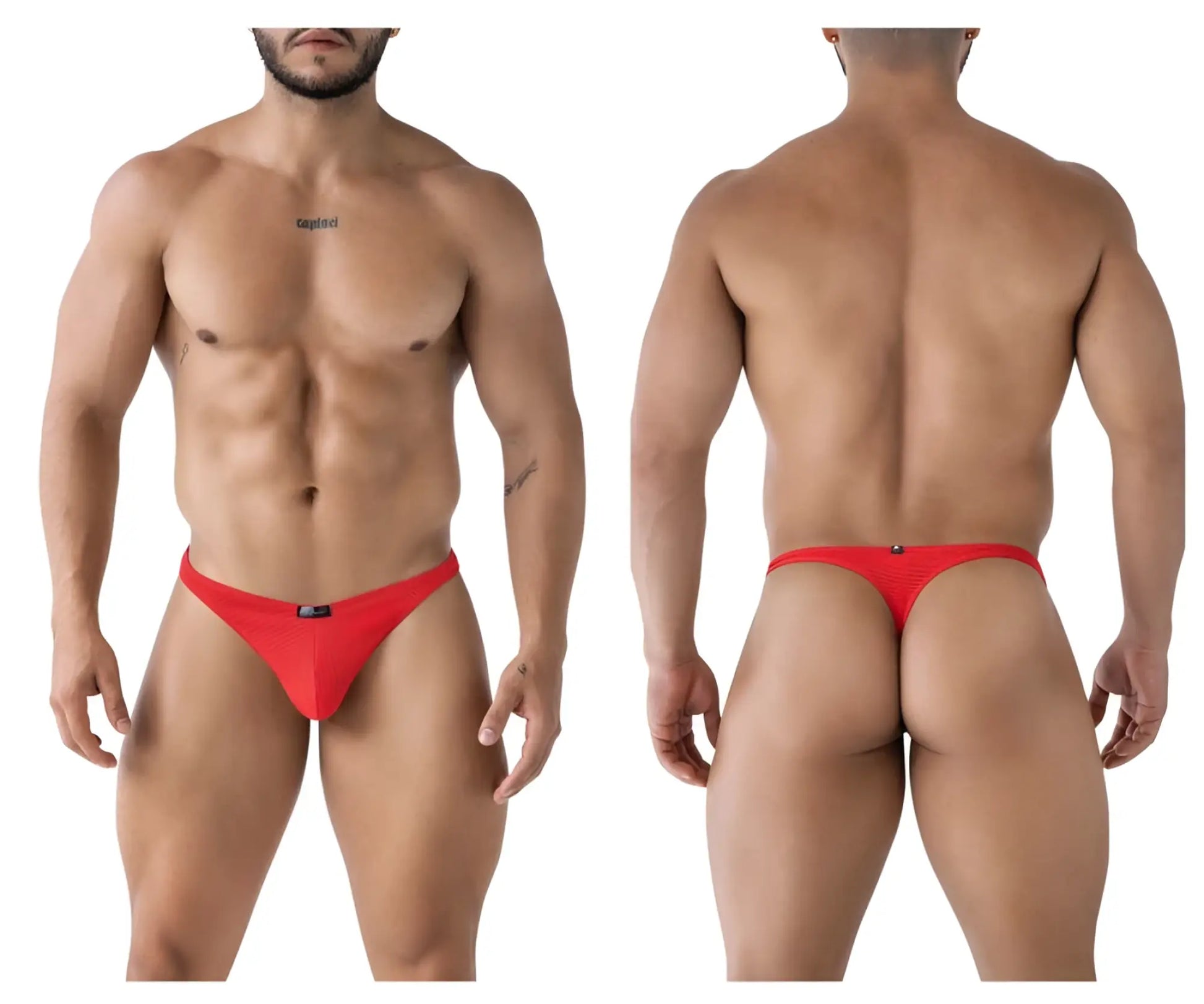 Red xtremen 91223 microfiber thong featuring mesh fabric and a small black logo on the front
