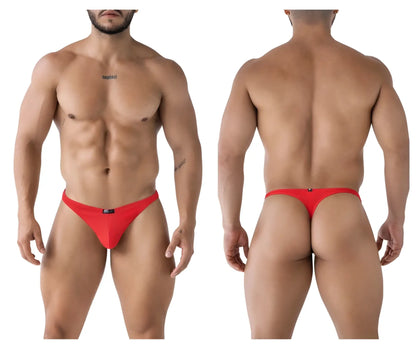 Red xtremen 91223 microfiber thong featuring mesh fabric and a small black logo on the front
