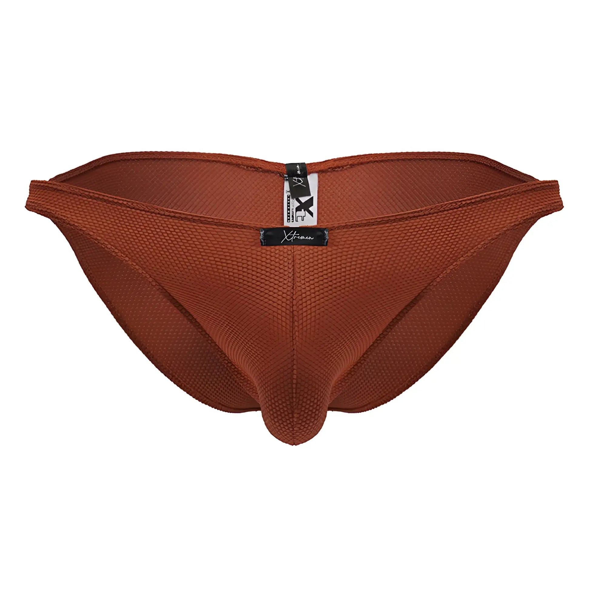 Brown textured mesh briefs with black and white brand tag at the back in xtremen 91224 microfiber bikini red