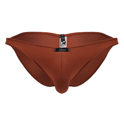 Brown textured mesh briefs with black and white brand tag at the back in xtremen 91224 microfiber bikini red