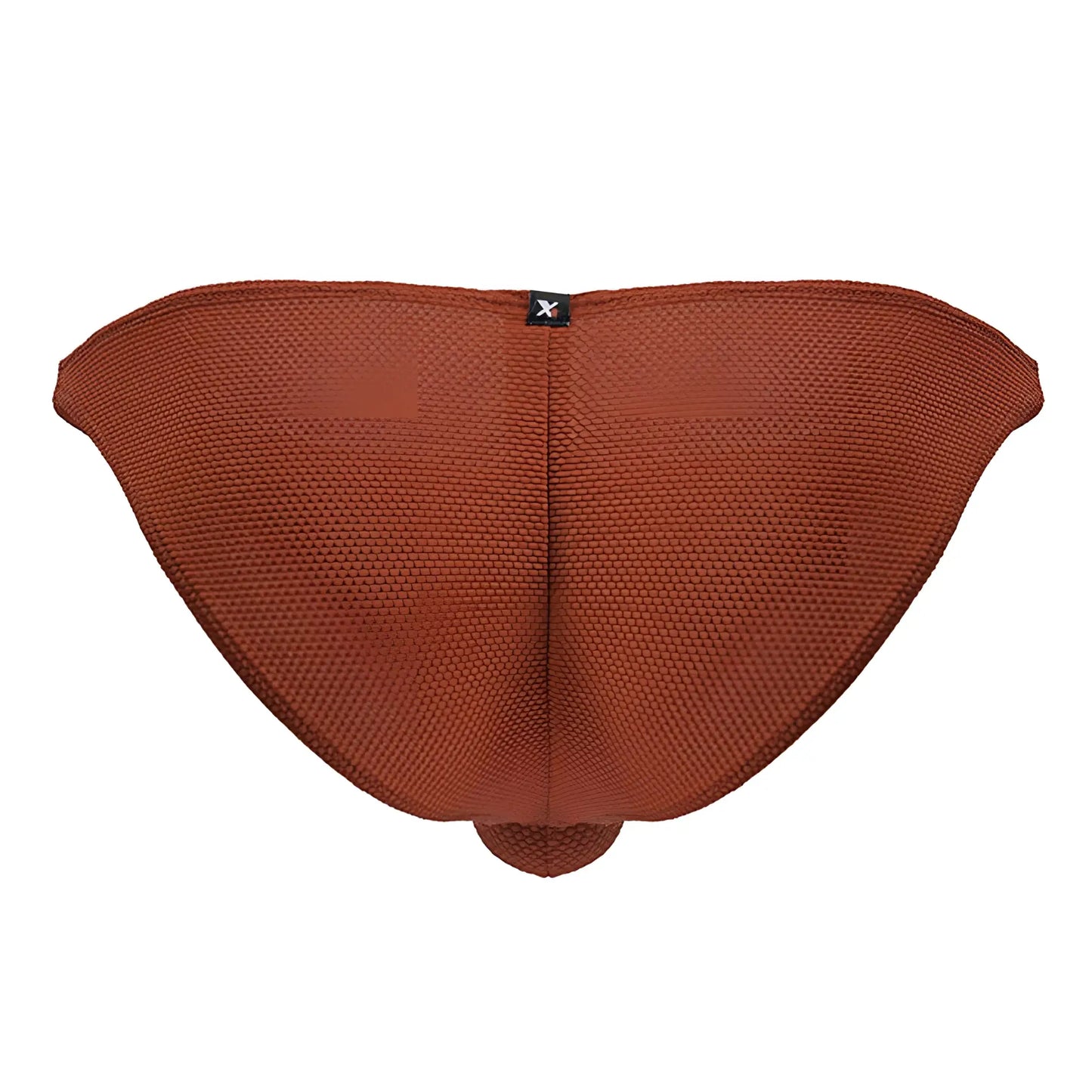 Rust-colored textured knit microfiber bikini bottom with central seam and black xtremen brand tag at top center
