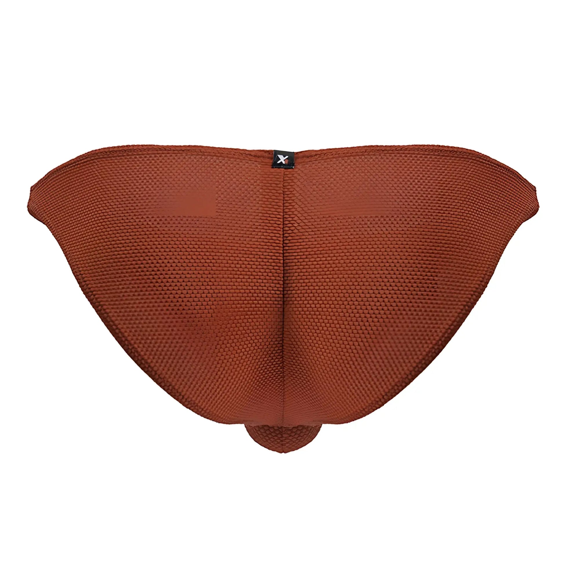 Rust-colored textured knit microfiber bikini bottom with central seam and black xtremen brand tag at top center