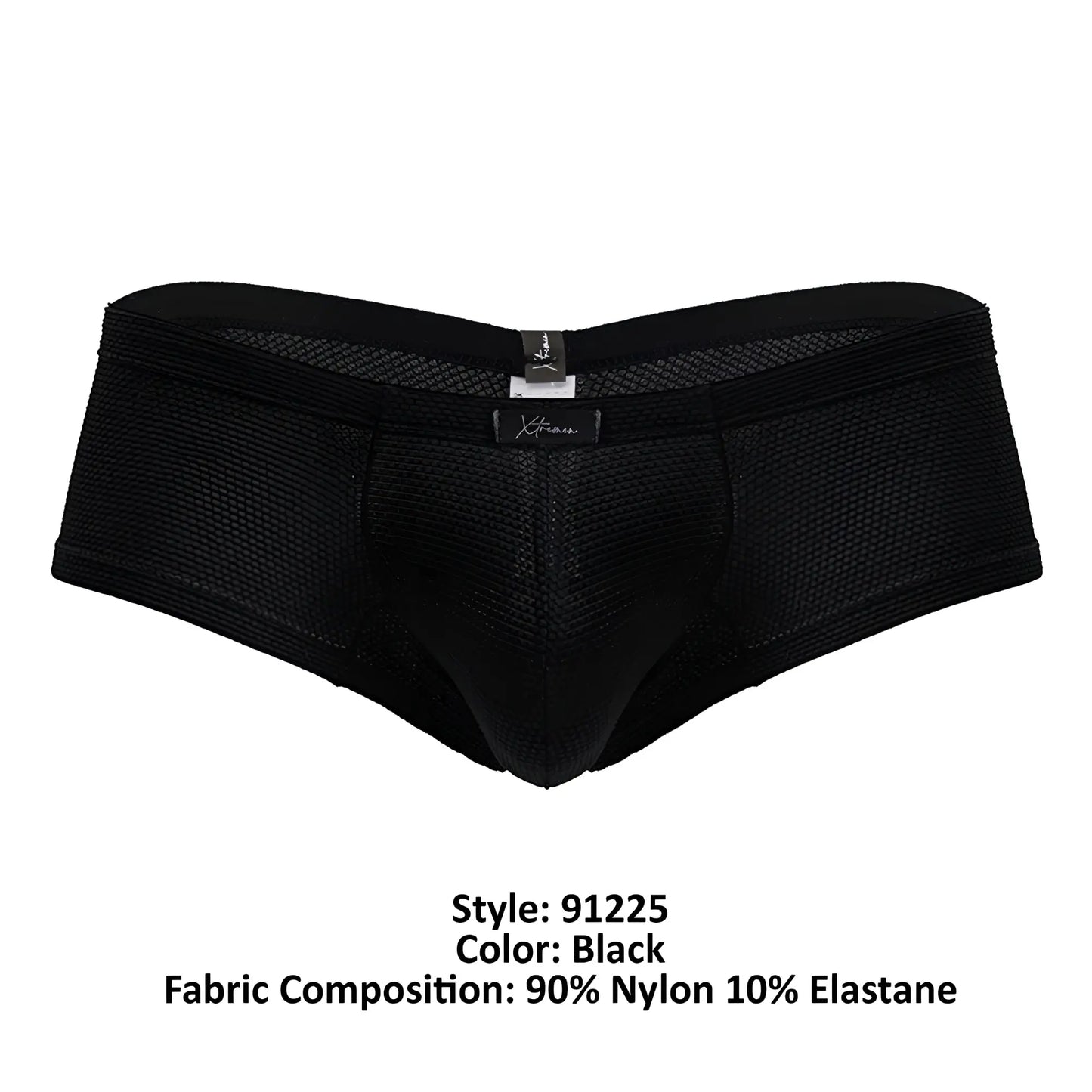 Black mesh Xtremen 91225 microfiber trunks made of 90 percent nylon 10 percent elastane with branded waistband tag
