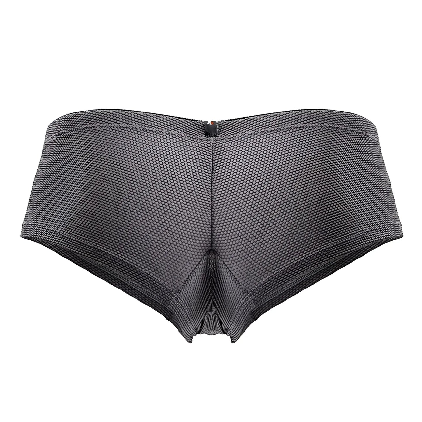 Back side of xtremen 91225 microfiber trunks dark gray with mesh pattern and central zipper briefs style