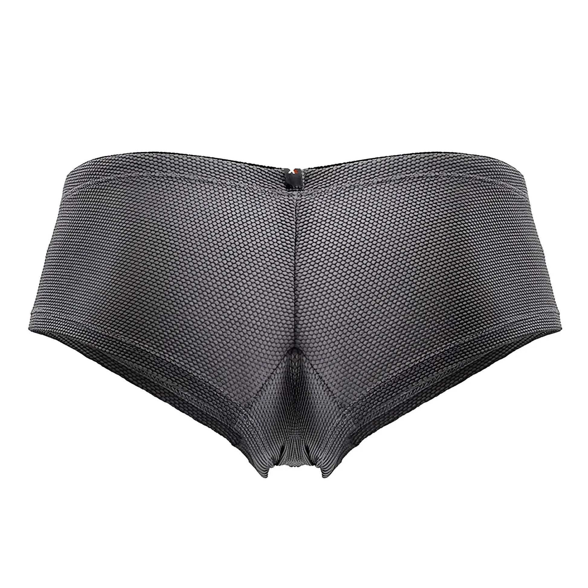 Back side of xtremen 91225 microfiber trunks dark gray with mesh pattern and central zipper briefs style