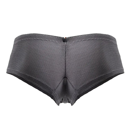 Back side of xtremen 91225 microfiber trunks dark gray with mesh pattern and central zipper briefs style