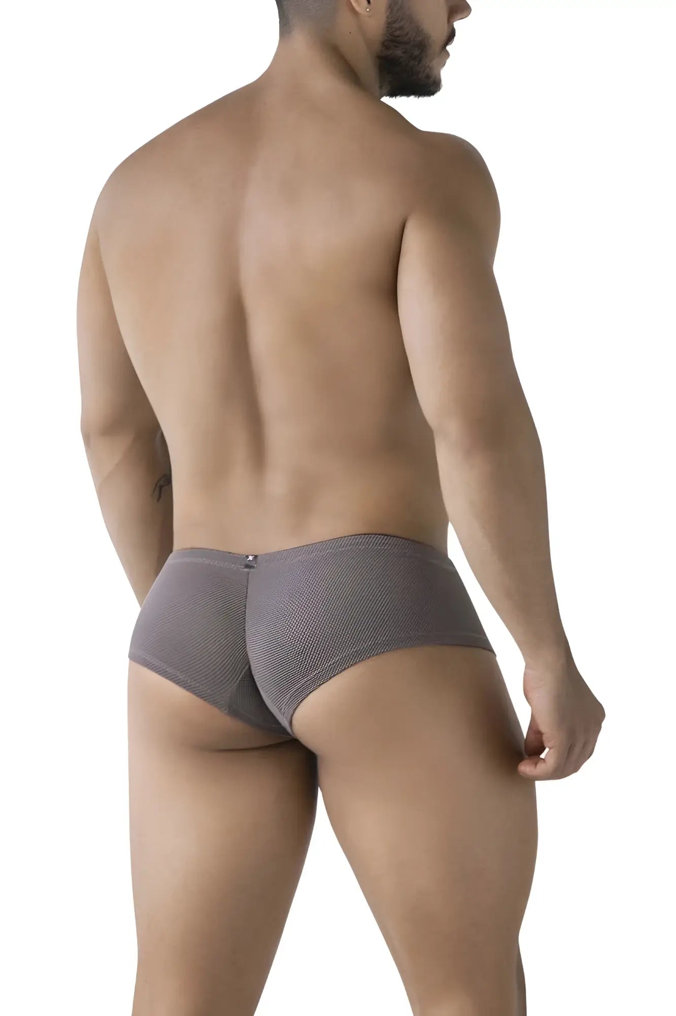 Gray xtremen 91225 microfiber trunks showing the back side with gray textured briefs and a small metallic clasp