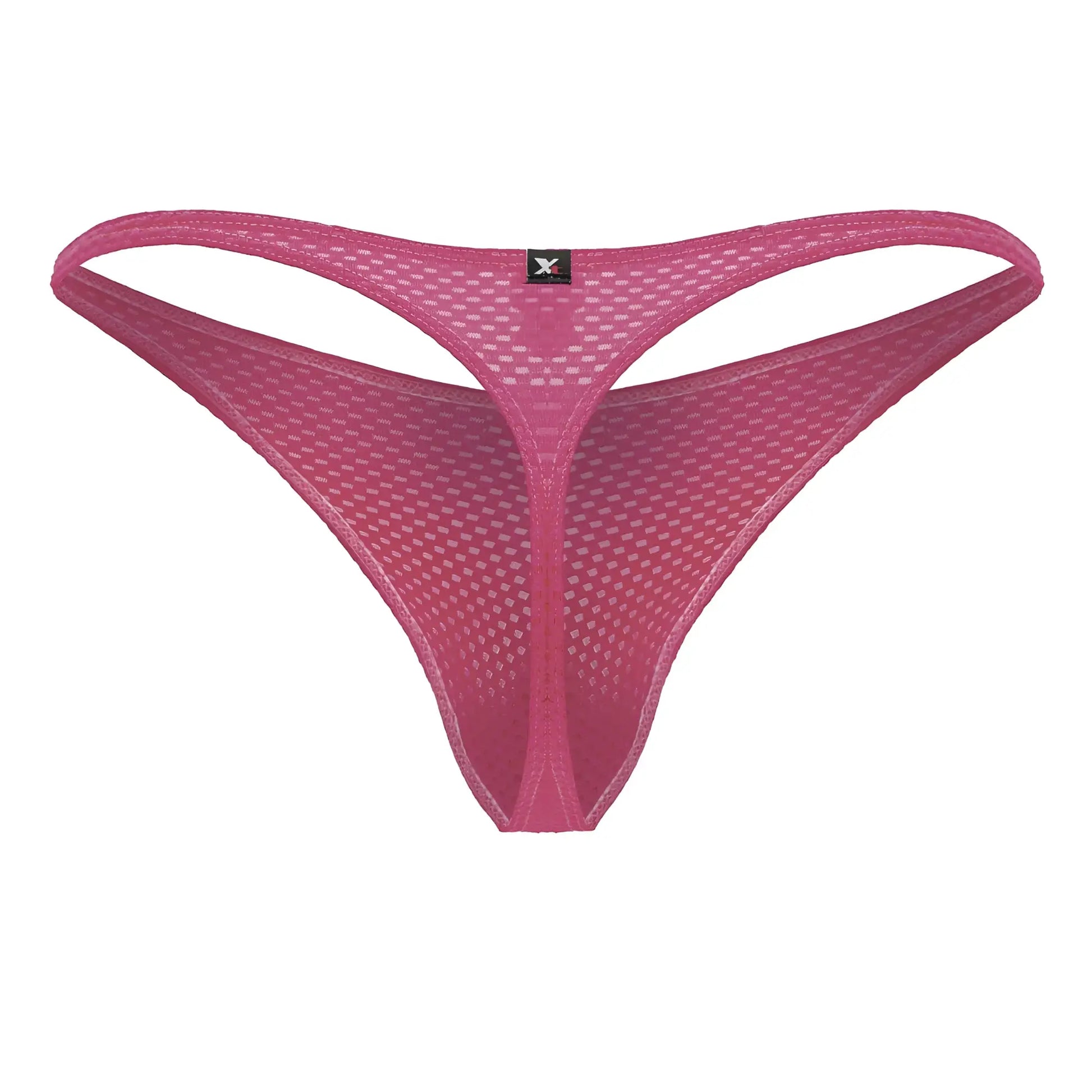 Xtremen 91226 microfiber thong in fuchsia showing the back with pink mesh, subtle texture, and black brand tag
