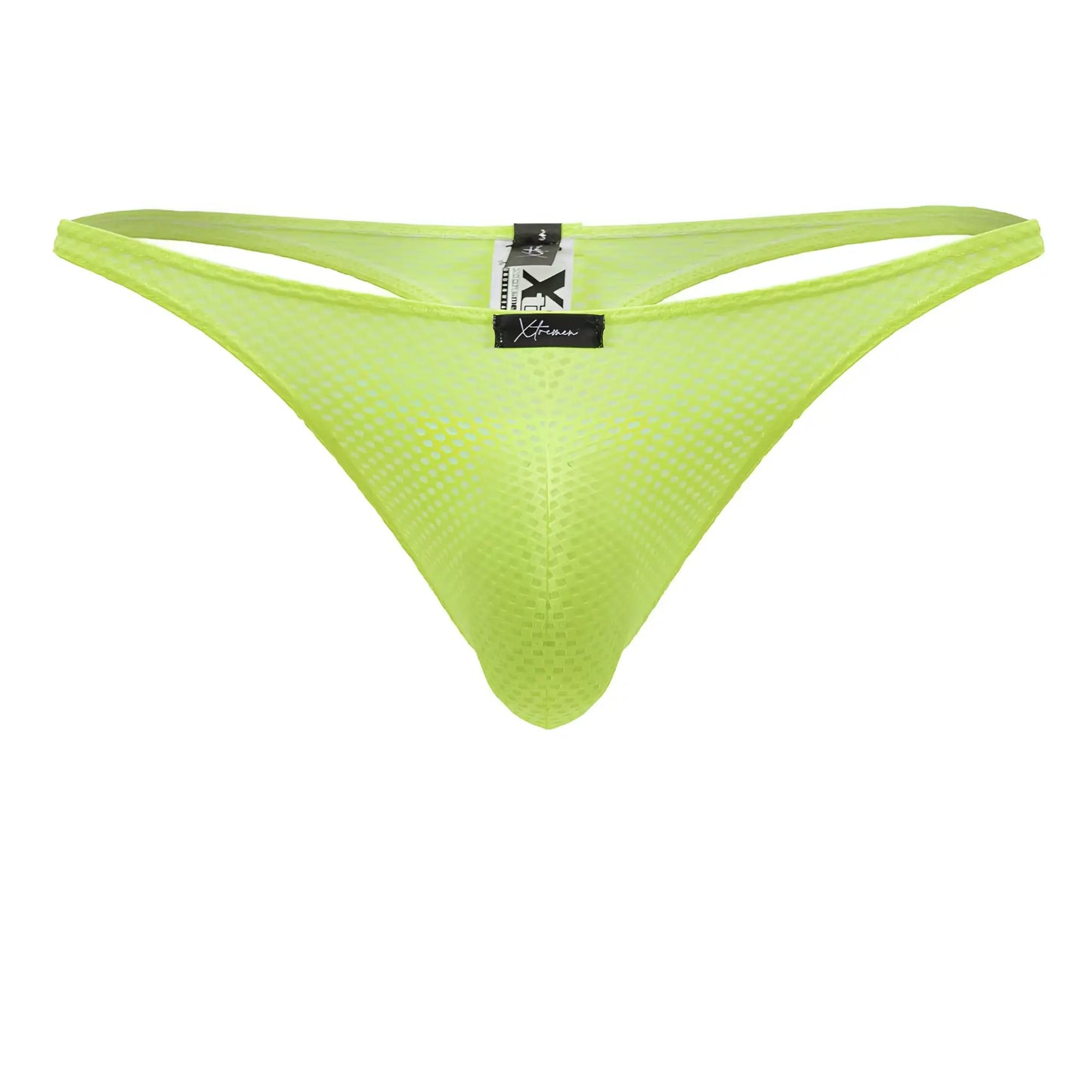 Bright neon green microfiber mesh thong with a black Xtremen brand tag shown from the back side