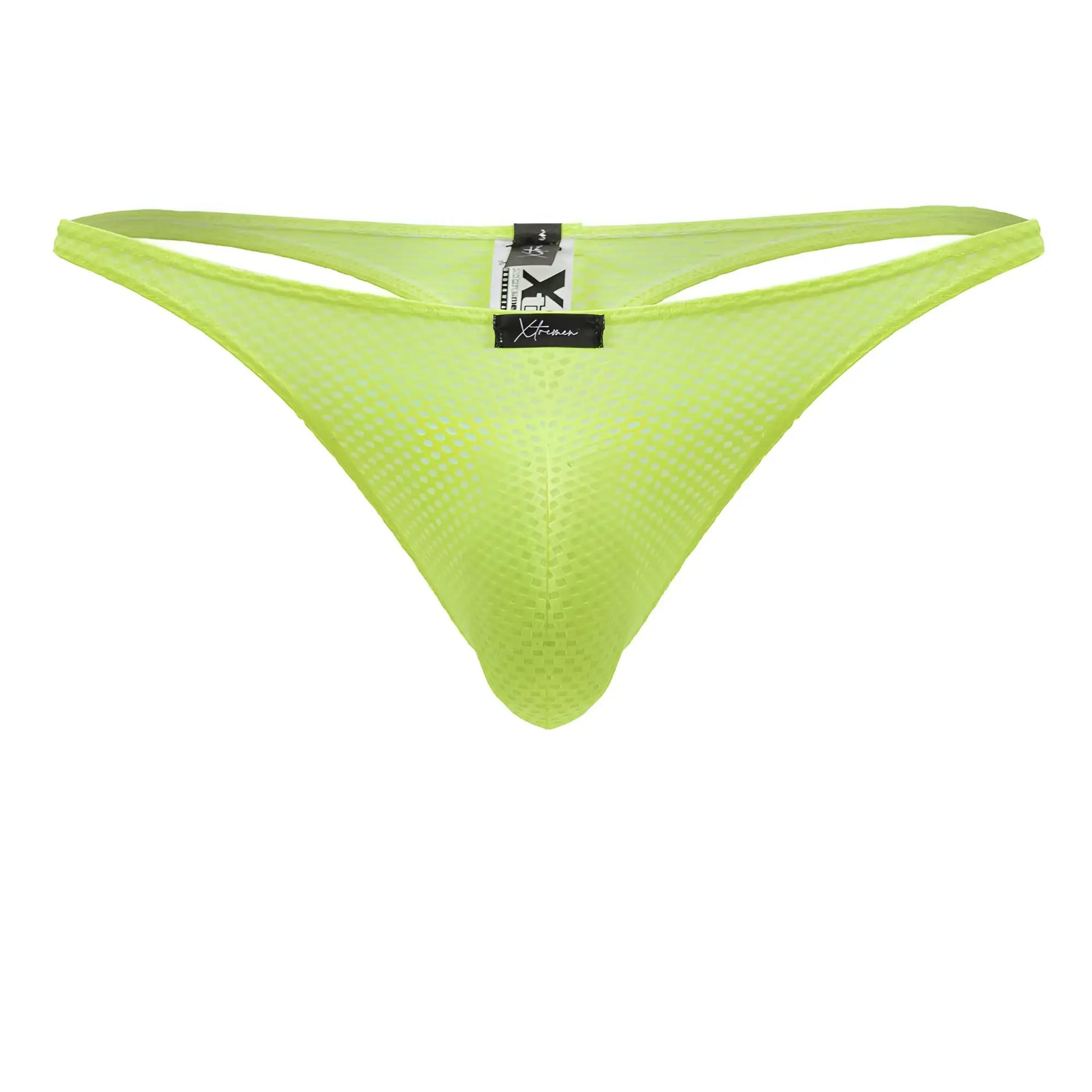 Bright neon green microfiber mesh thong with a black Xtremen brand tag shown from the back side