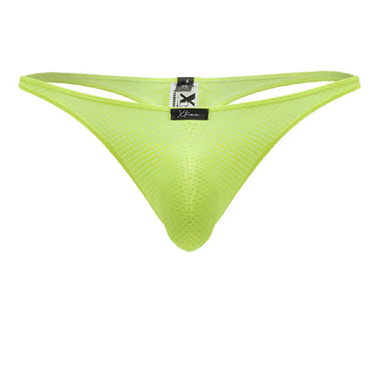 Bright neon green microfiber mesh thong with a black Xtremen brand tag shown from the back side