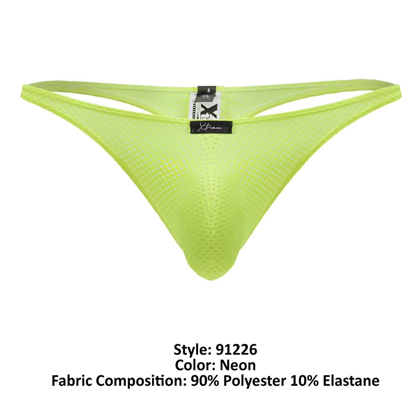 Back view of xtremen 91226 microfiber thong in neon green mesh with black brand tag at the back