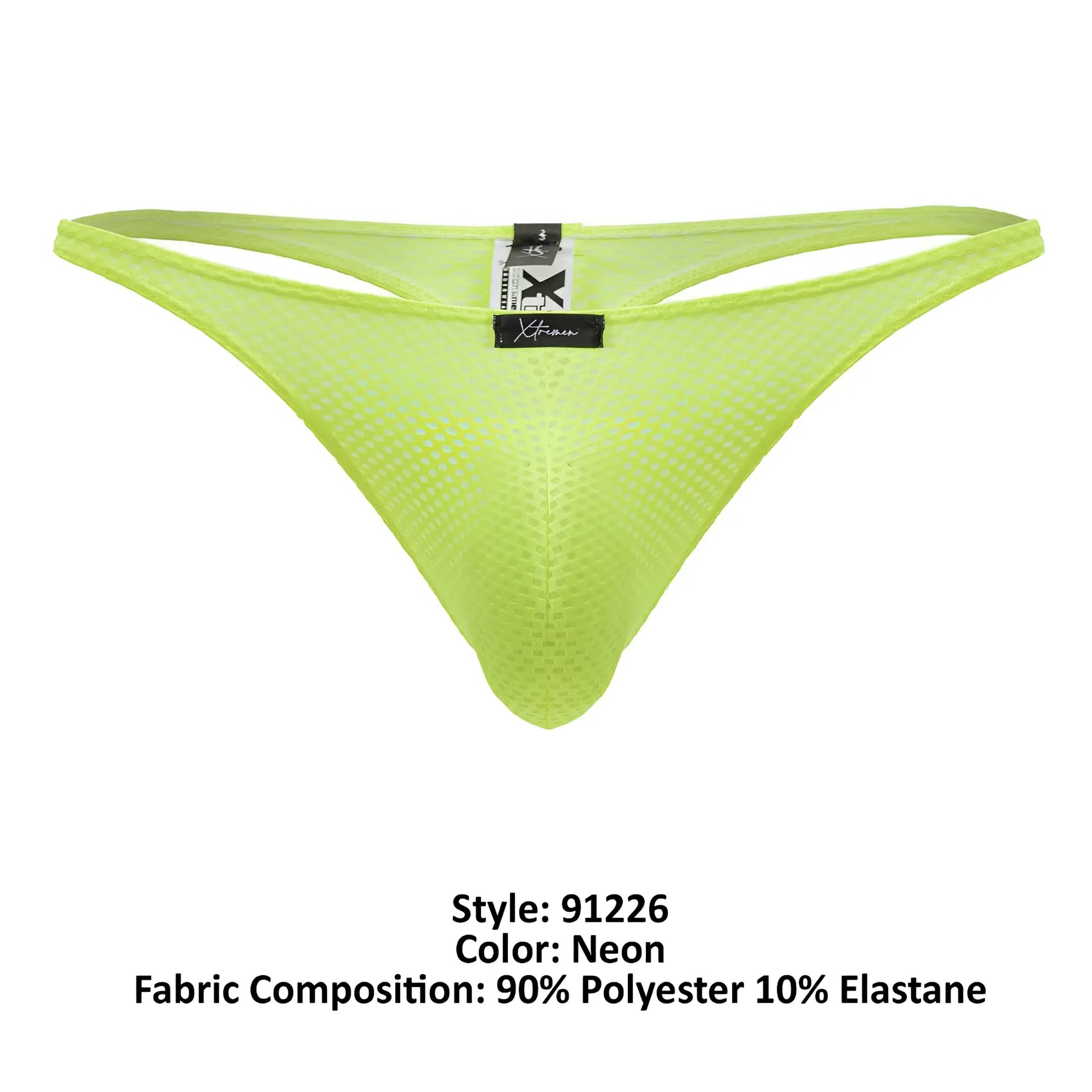 Back view of xtremen 91226 microfiber thong in neon green mesh with black brand tag at the back