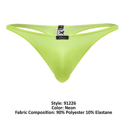 Back view of xtremen 91226 microfiber thong in neon green mesh with black brand tag at the back