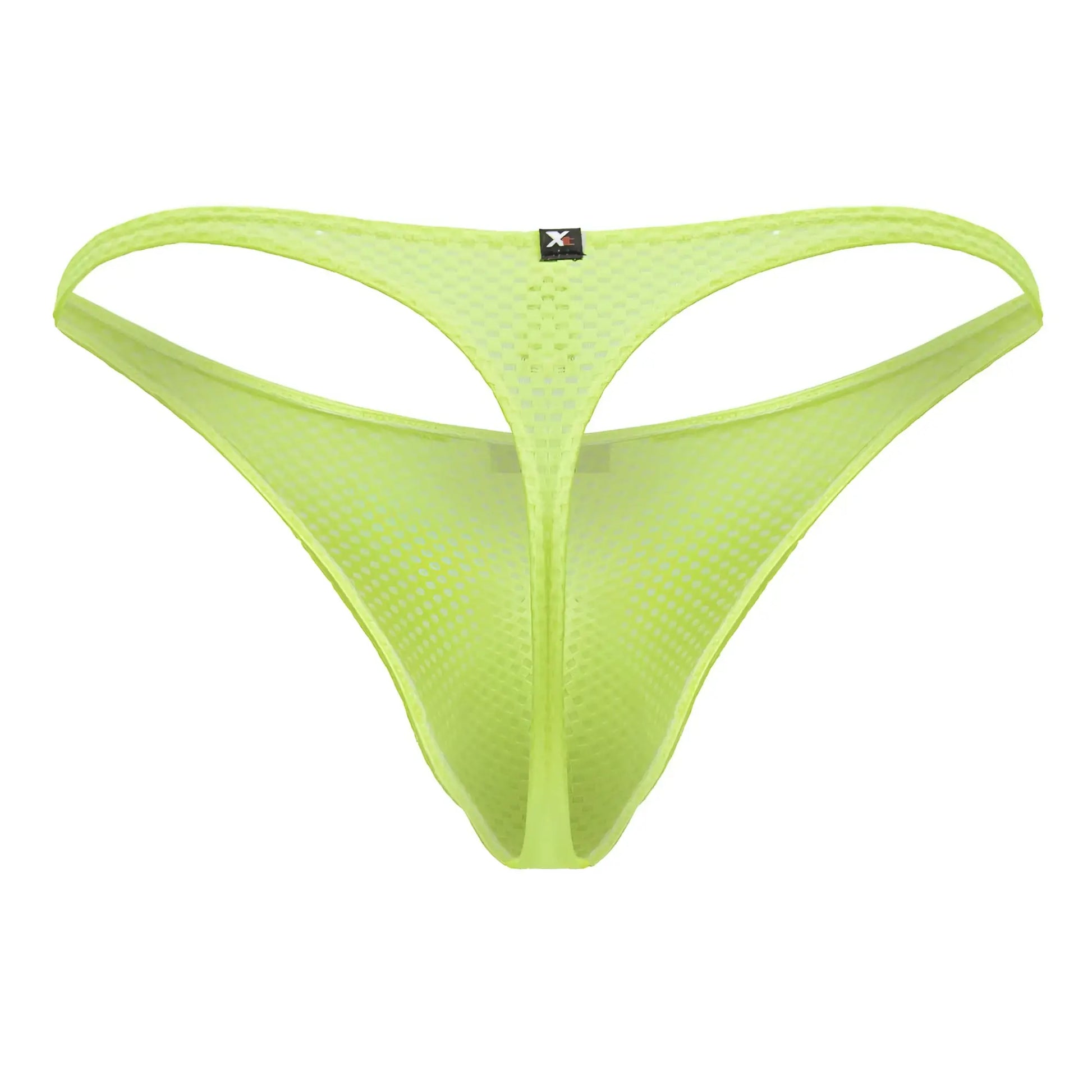 Neon green xtremen 91226 microfiber mesh thong showing the back with thin design and small black brand tag