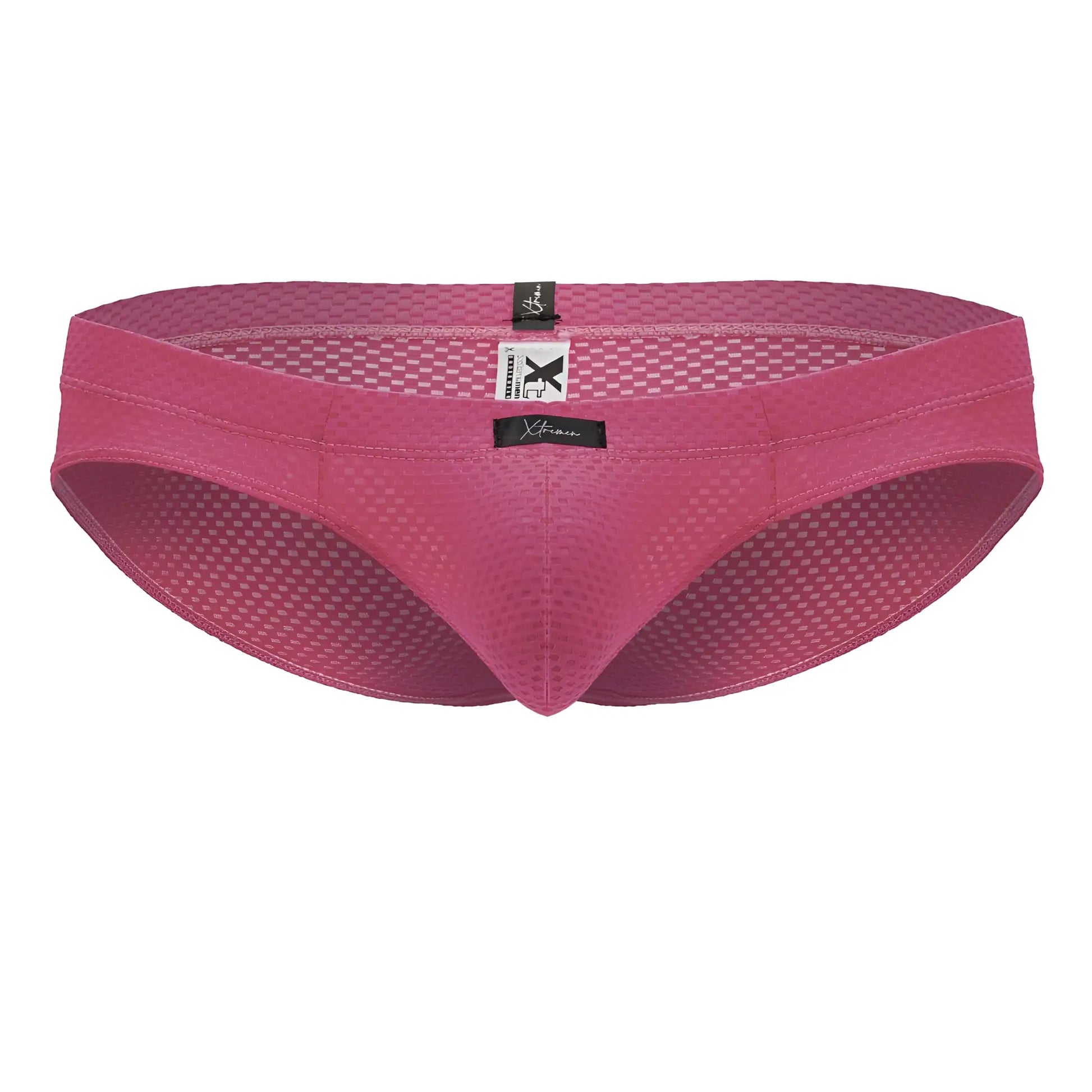 A vibrant fuchsia pink xtremen 91227 microfiber brief with a snug contoured mesh design and branded tags