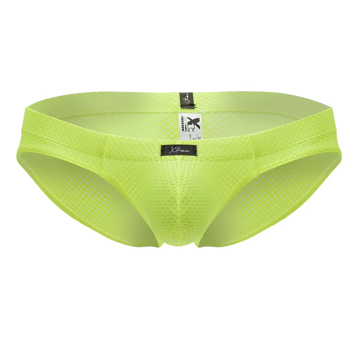 Bright lime green xtremen 91227 microfiber briefs with sleek form-fitting mesh design and black brand tags