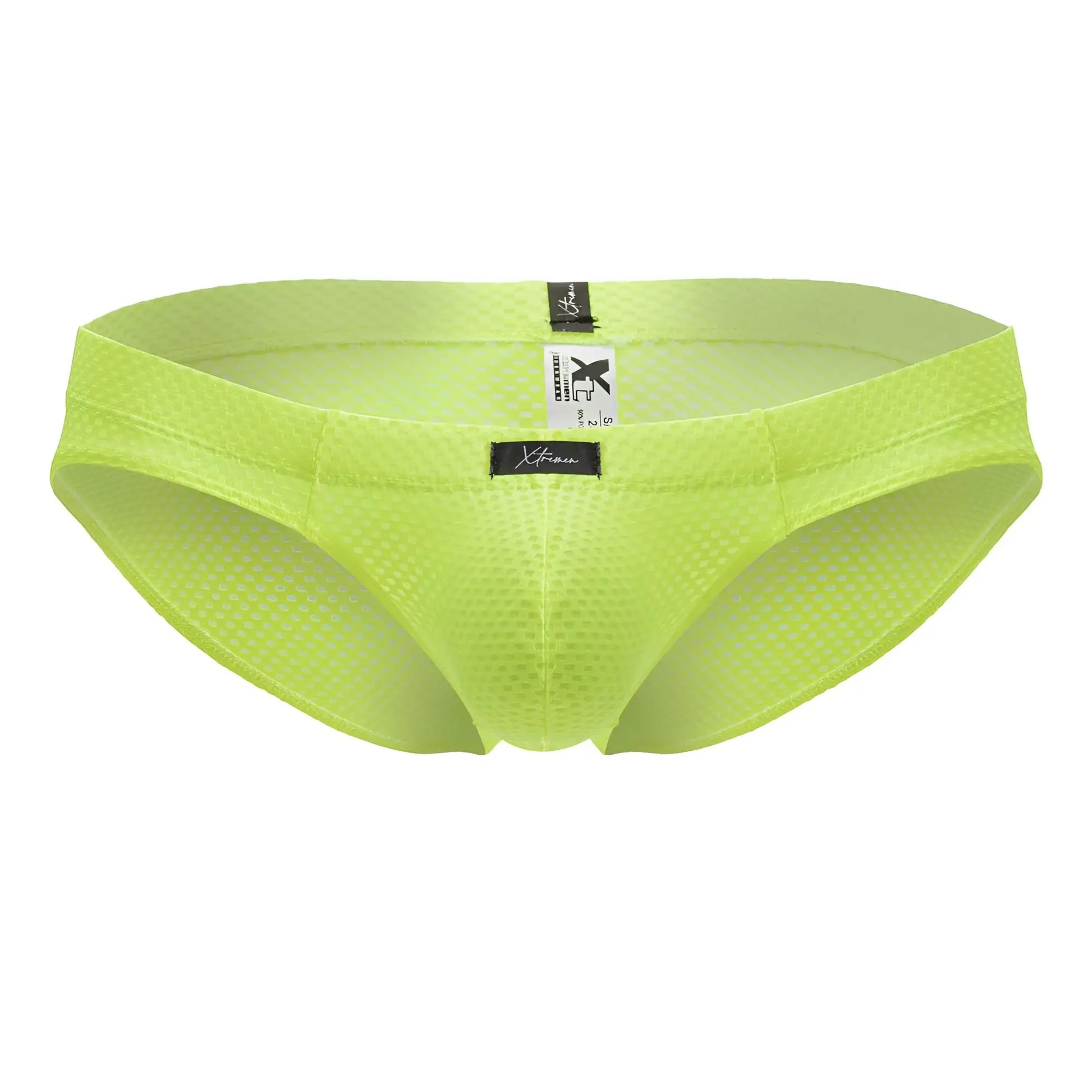 Bright lime green xtremen 91227 microfiber briefs with sleek form-fitting mesh design and black brand tags