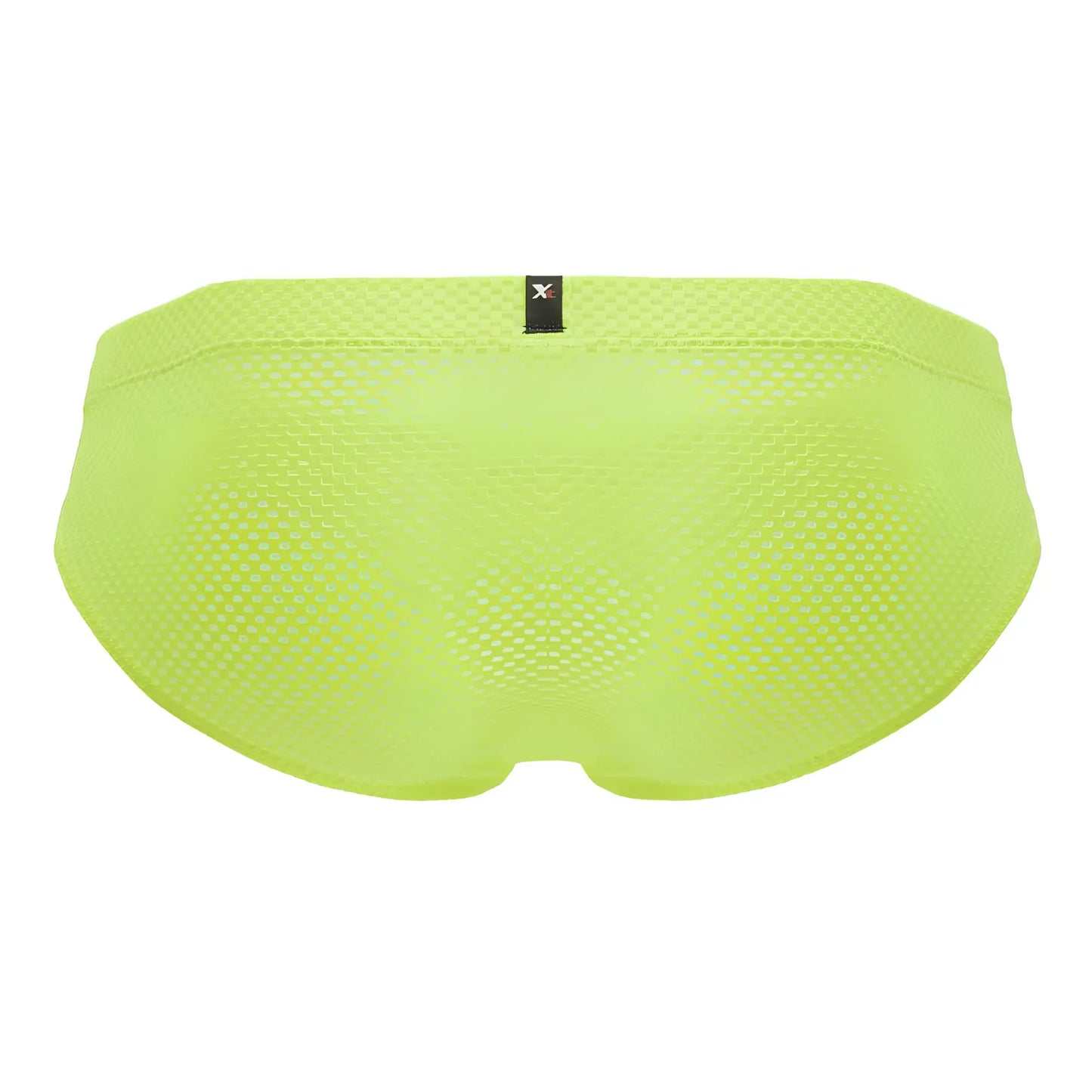 Bright lime green Xtremen 91227 microfiber mesh swim trunks with black brand tag at waistband front side visible