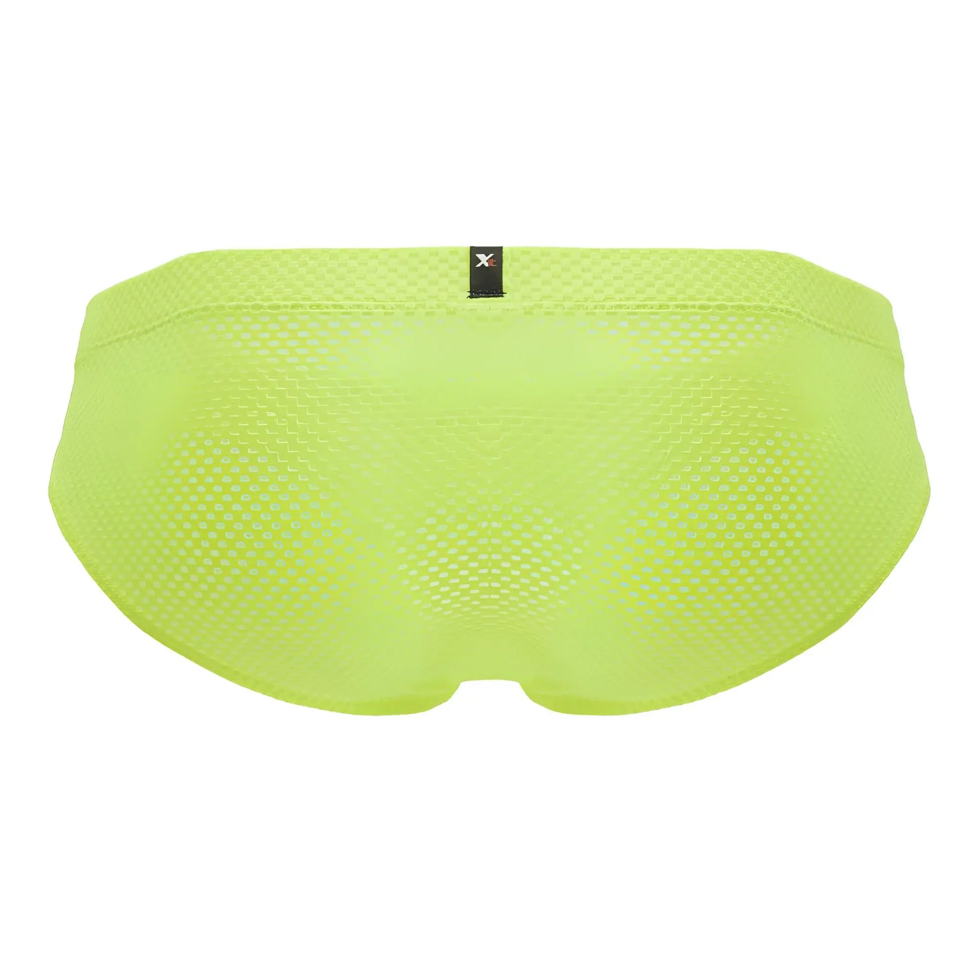 Bright lime green Xtremen 91227 microfiber mesh swim trunks with black brand tag at waistband front side visible