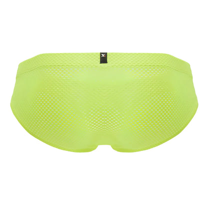 Bright lime green Xtremen 91227 microfiber mesh swim trunks with black brand tag at waistband front side visible