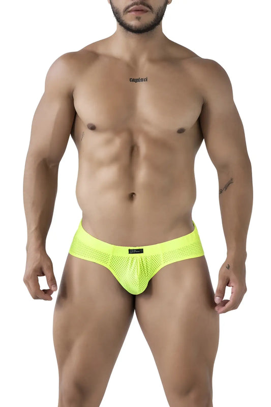 Xtremen 91227 microfiber briefs in neon green with bright neon yellow mesh and black brand tag at the waistband