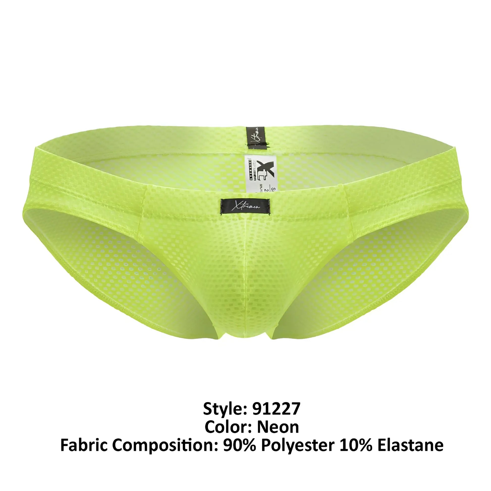 Neon green xtremen 91227 microfiber briefs featuring a mesh design with a black brand tag and elastic waistband