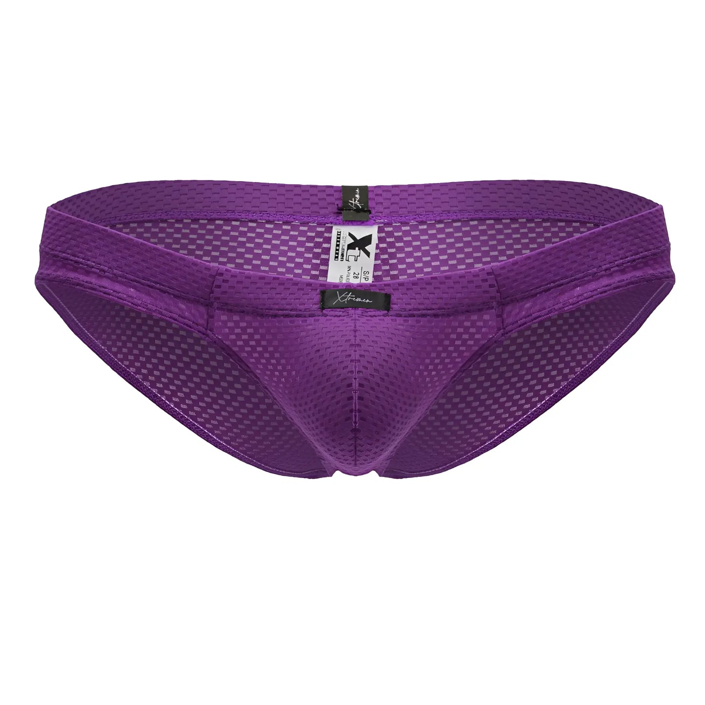 Purple xtremen 91227 microfiber briefs with checkered mesh pattern and black brand tags front view