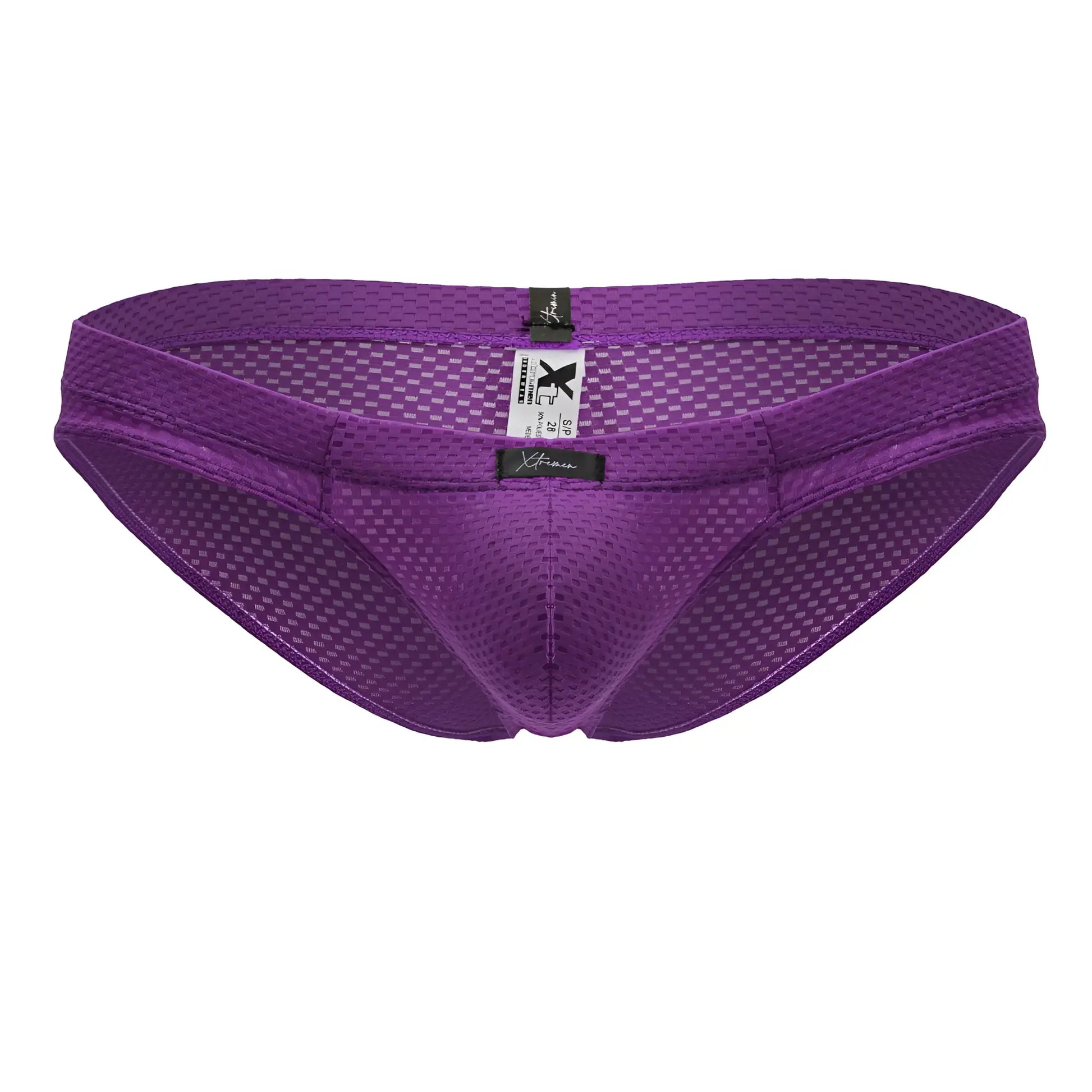 Purple xtremen 91227 microfiber briefs with checkered mesh pattern and black brand tags front view