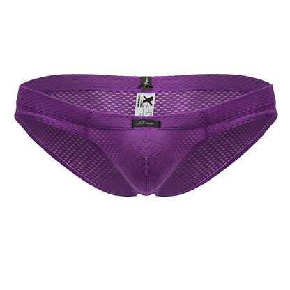 Purple xtremen 91227 microfiber briefs with checkered mesh pattern and black brand tags front view