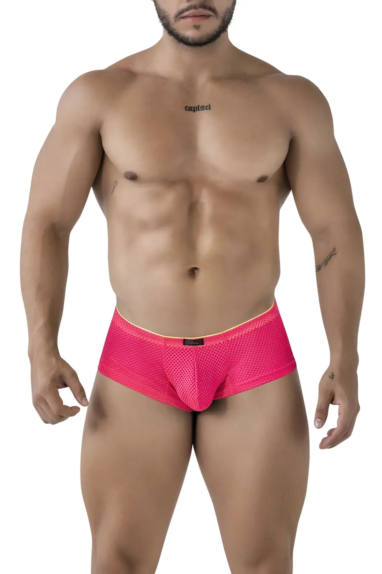 Xtremen 91228 microfiber trunks in fuchsia with bright pink mesh briefs and contrasting yellow trim and black brand tag