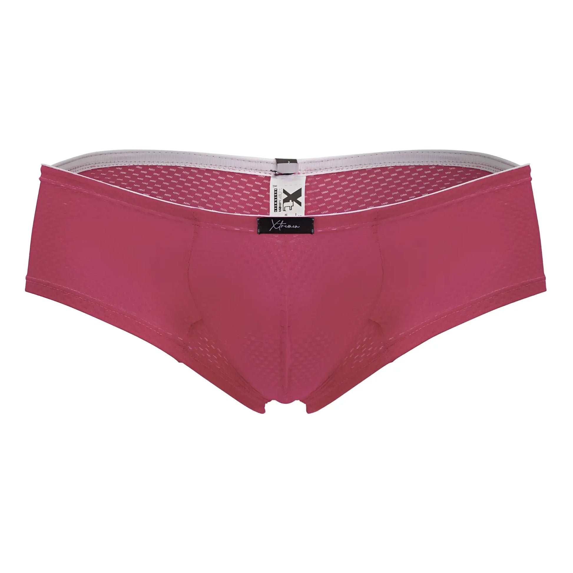 Pink mesh microfiber briefs with white waistband and black xtremen brand tag in color fuchsia