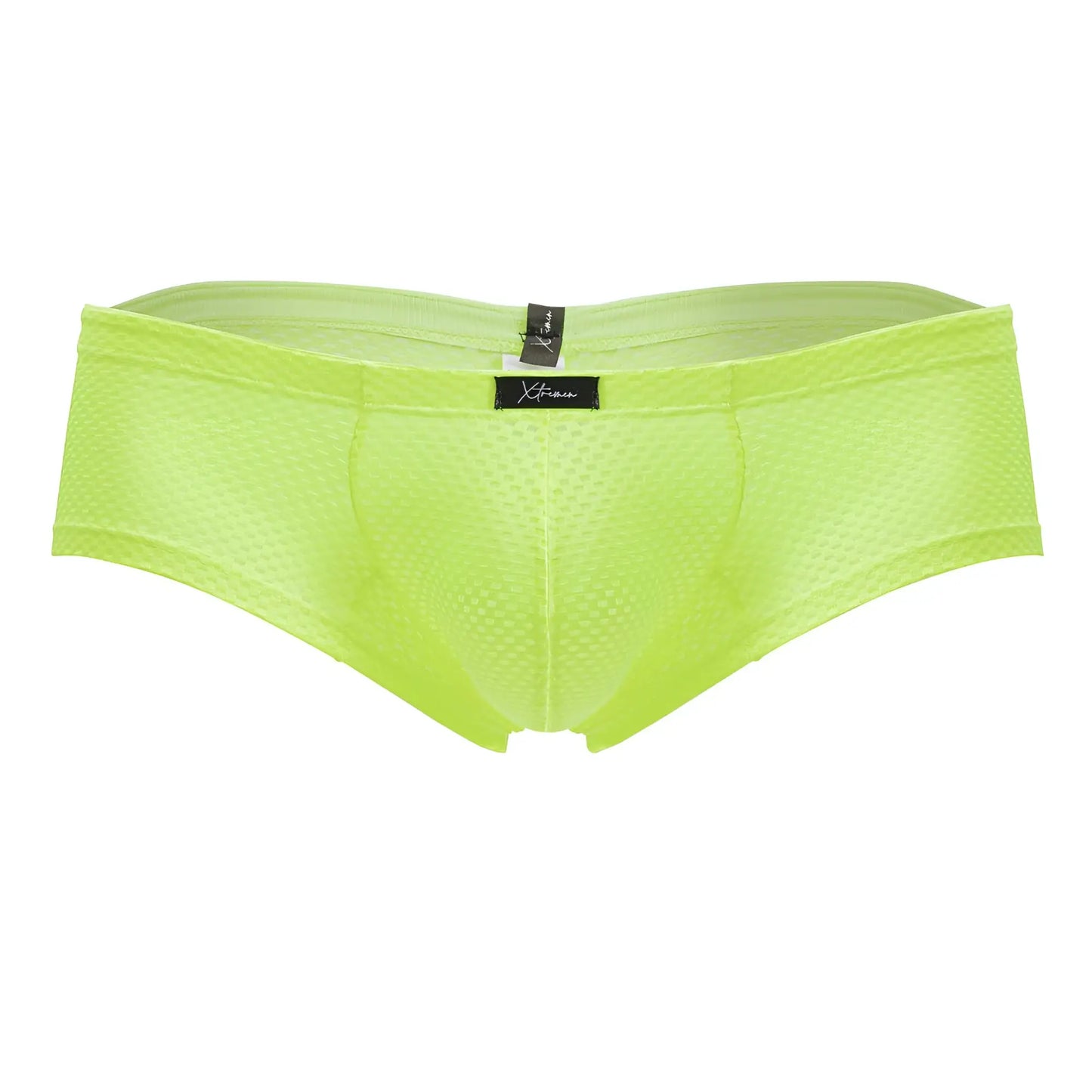Xtremen 91228 microfiber trunks in neon green with lime green mesh briefs and a black brand tag at the waistband