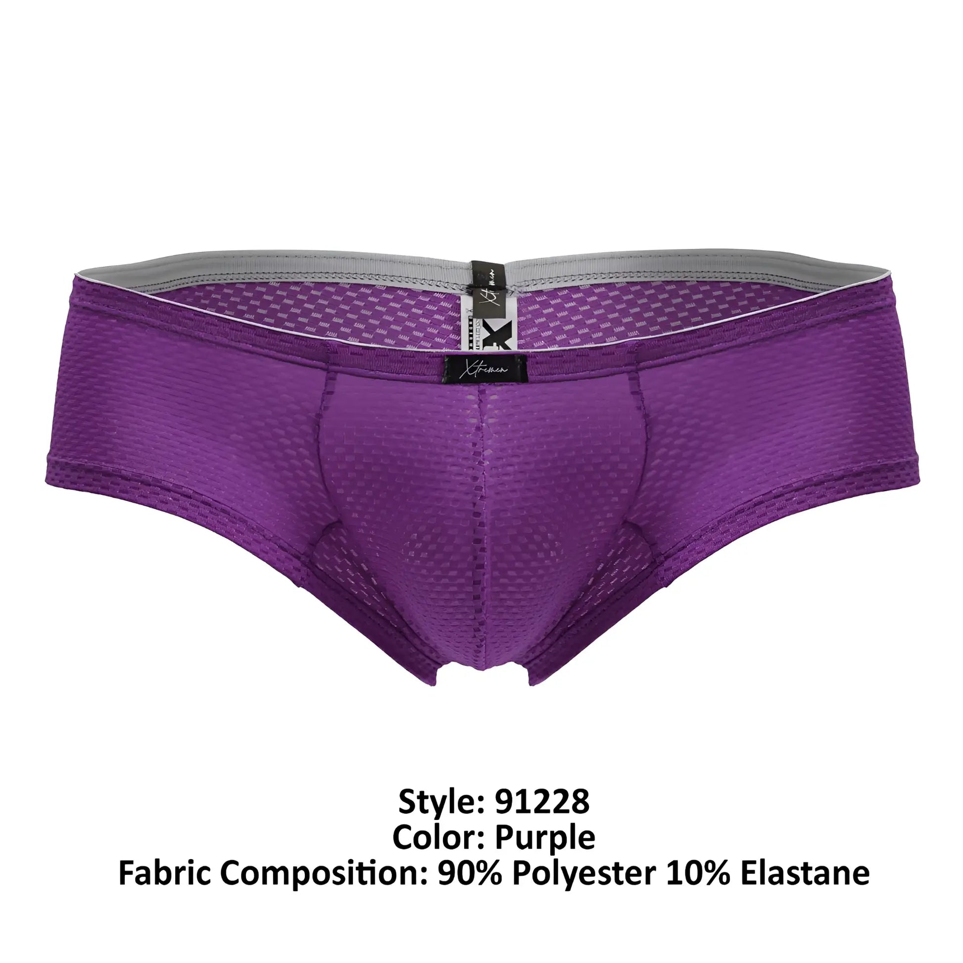 Purple xtremen 91228 microfiber trunks with gray waistband and black brand tag in purple mesh briefs design