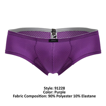 Purple xtremen 91228 microfiber trunks with gray waistband and black brand tag in purple mesh briefs design