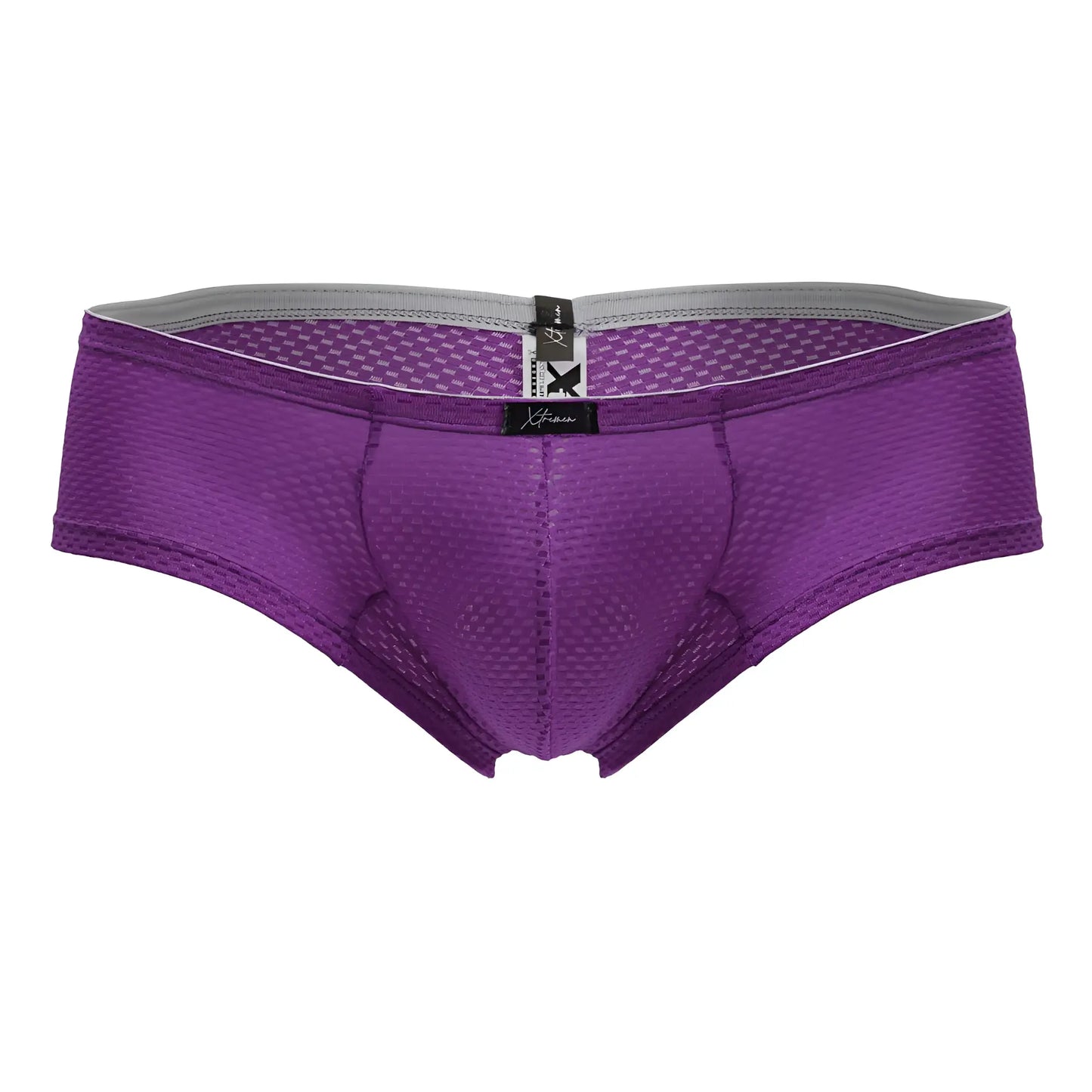 Purple xtremen 91228 microfiber mesh briefs with gray waistband and black brand tag