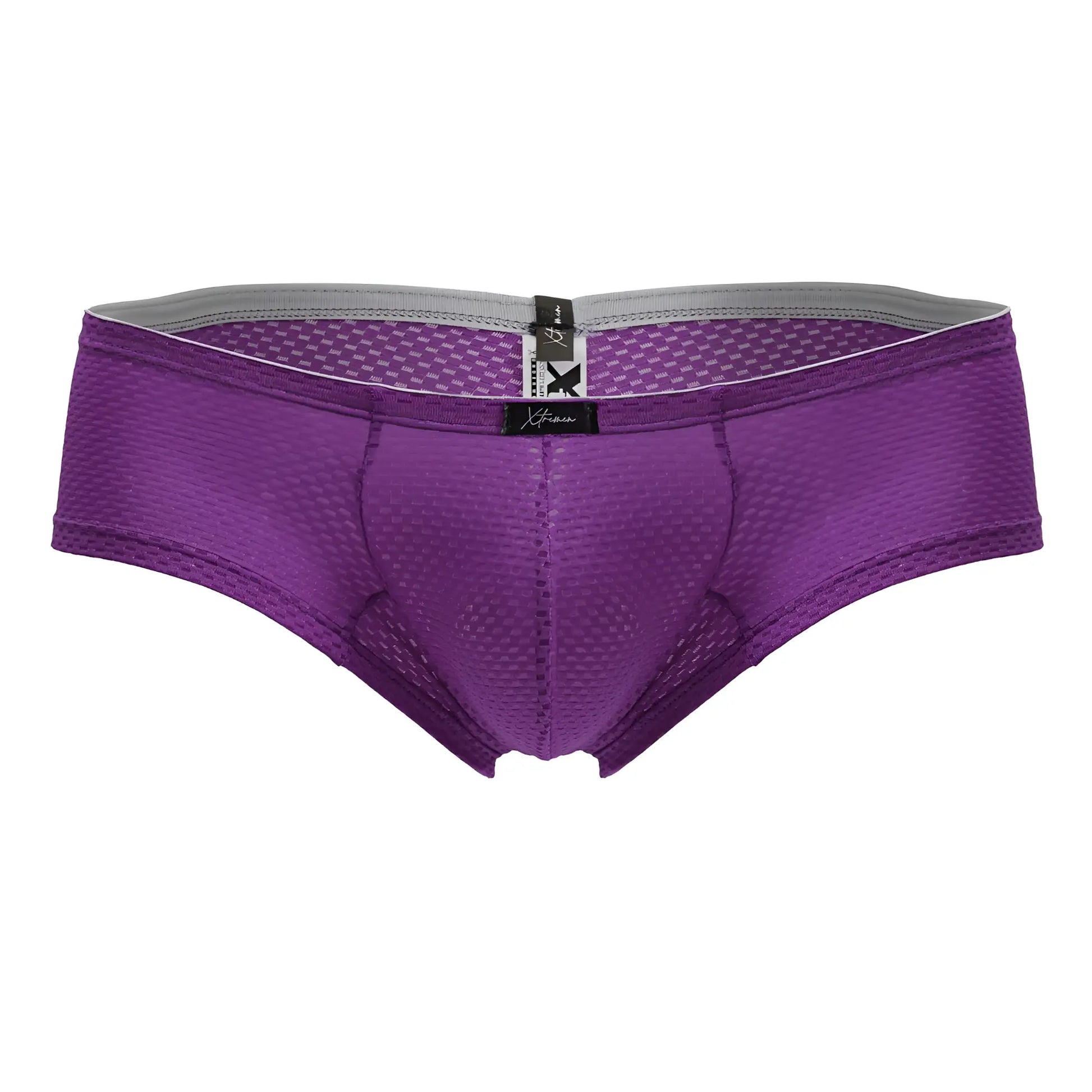 Purple xtremen 91228 microfiber mesh briefs with gray waistband and black brand tag