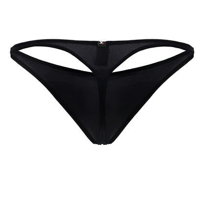 Black xtremen 91232 microfiber thong with sleek stretchy fabric and distinctive cut-out back design shown from the back