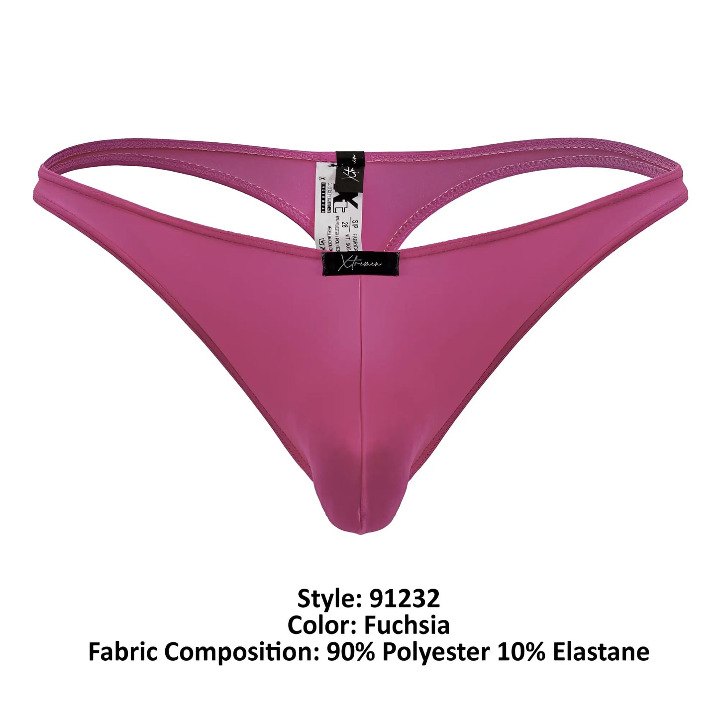 Fuchsia xtremen 91232 microfiber thong made of 90 polyester 10 elastane with black brand tag shown from the back