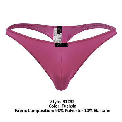Fuchsia xtremen 91232 microfiber thong made of 90 polyester 10 elastane with black brand tag shown from the back