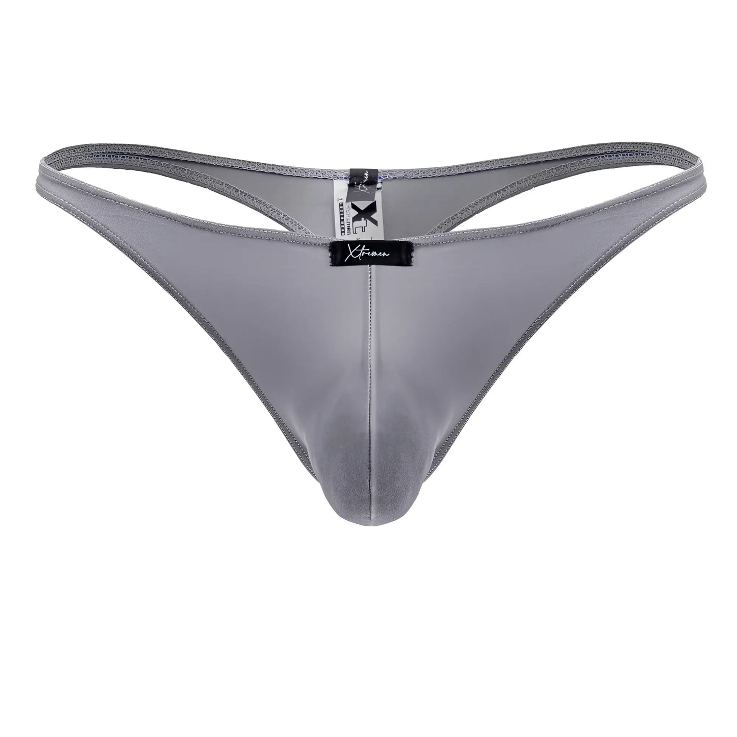 Gray satin thong from xtremen 91232 microfiber thongs with sleek smooth texture and subtle sheen shown from back side