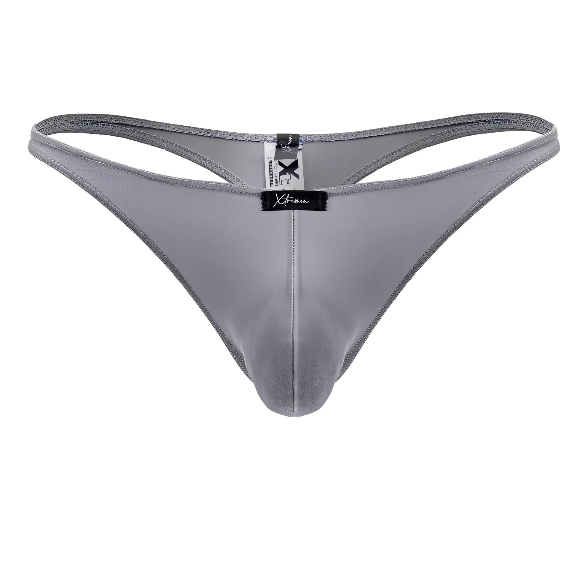 Gray satin thong from xtremen 91232 microfiber thongs with sleek smooth texture and subtle sheen shown from back side