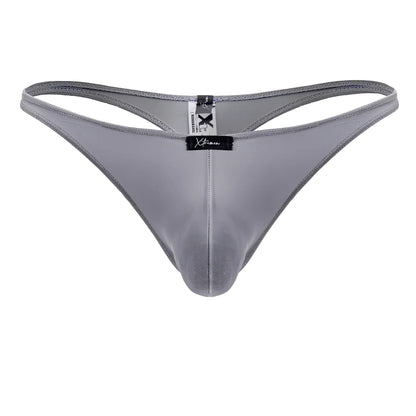 Gray satin thong from xtremen 91232 microfiber thongs with sleek smooth texture and subtle sheen shown from back side
