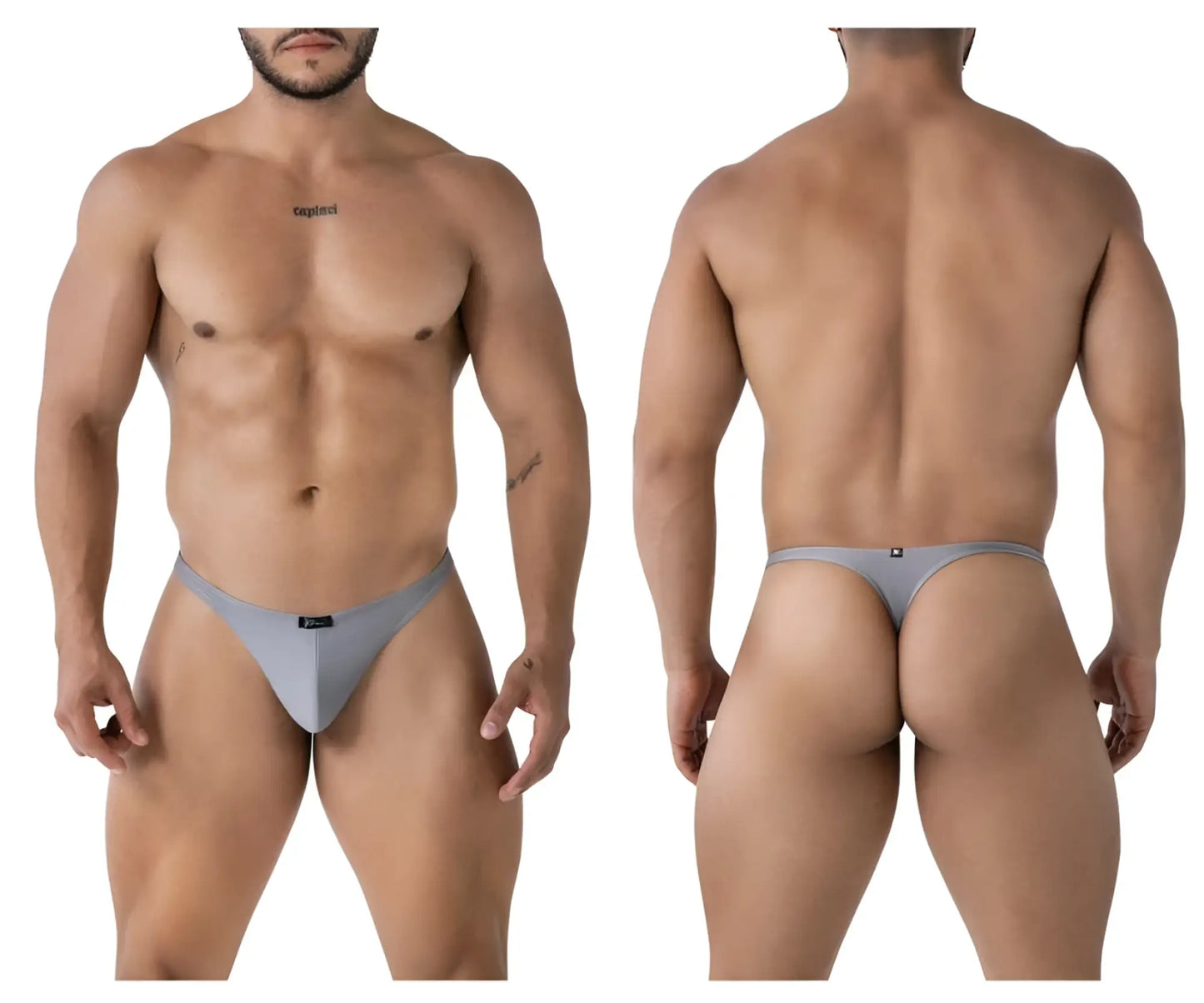 Gray xtremen 91232 microfiber thong with form-fitting design and small black logo on front and back sides